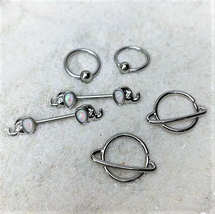 14 Gauge White Faux Opal Elephant BCR Barbell Nipple Ring Set of 4