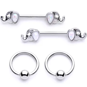 14 Gauge White Faux Opal Elephant BCR Barbell Nipple Ring Set of 4