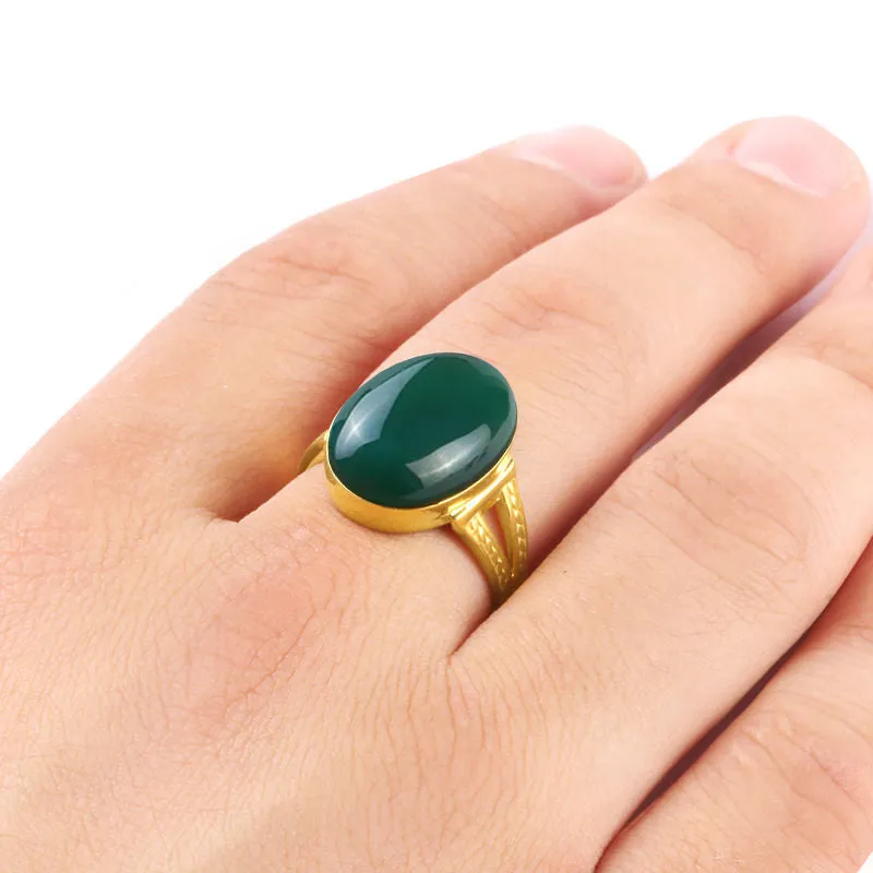 14k Yellow Gold Men's Ring with Green Agate, Natural Stone Ring for Men