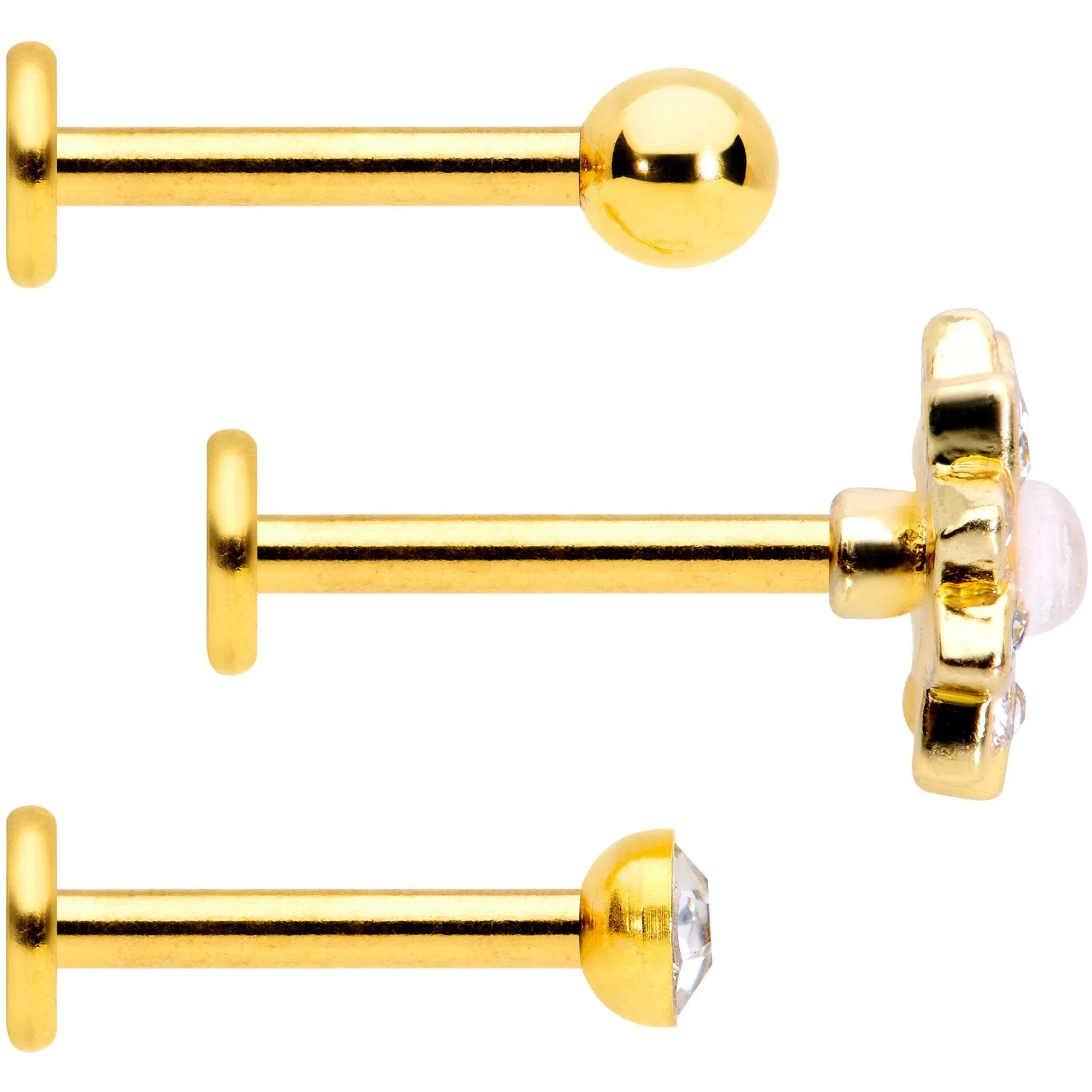 16 Gauge 5/16 White Faux Opal Gold Tone Flower Labret Curation Set of 3