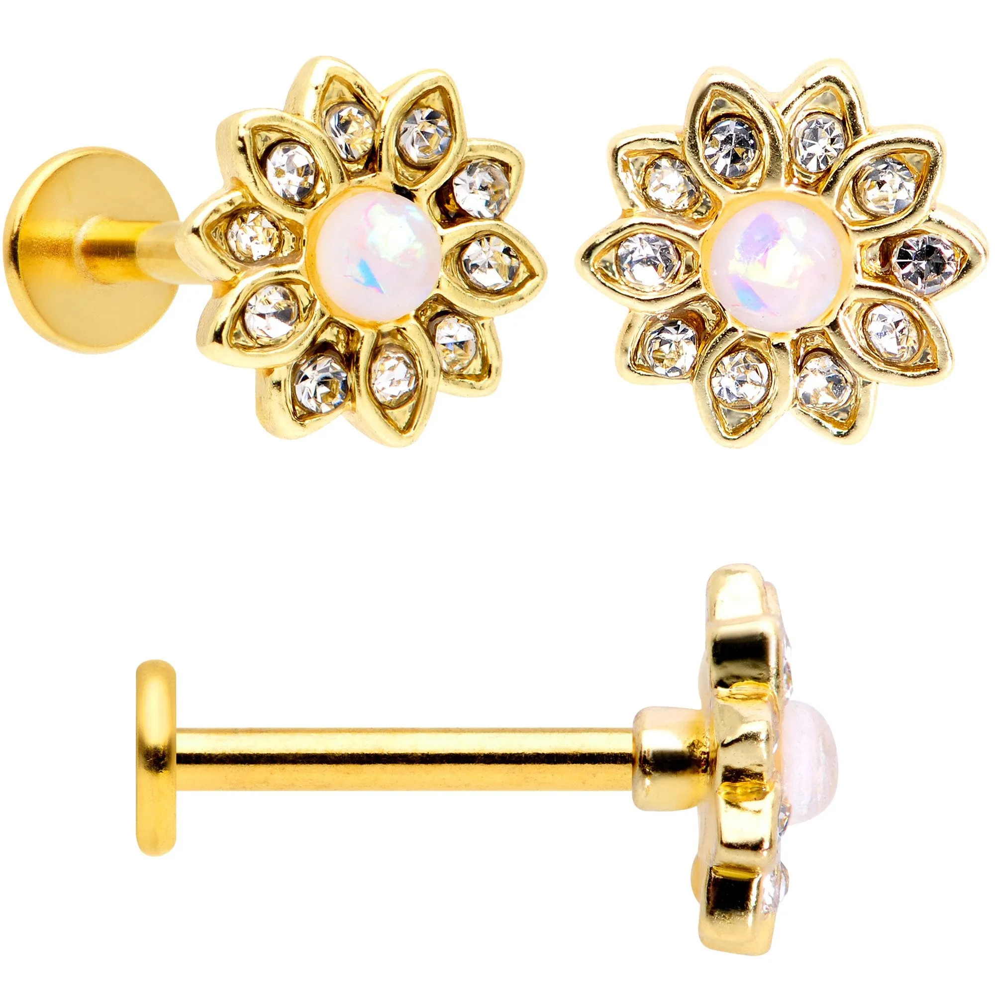 16 Gauge 5/16 White Faux Opal Gold Tone Flower Labret Curation Set of 3