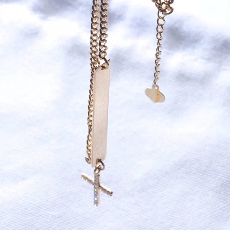 18K Gold 1.12ct Real Natural Diamond Cross Pendant Bar Necklace