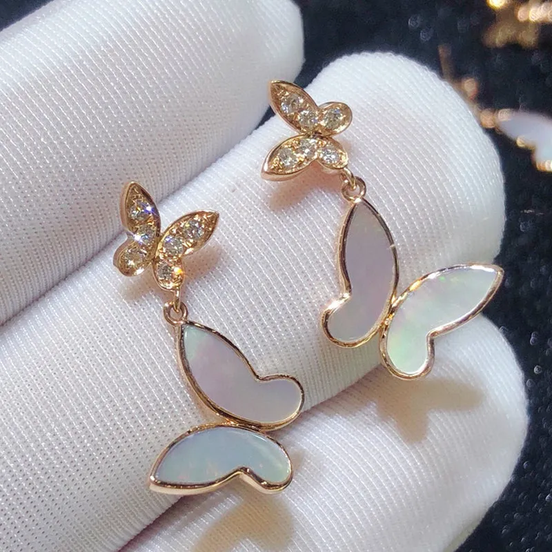 18K Gold Diamonds White Mother of Pearl Butterfly Earrings Exclusively Handcrafted 0.13 Carat Natural Diamond (H-F Color, VS1-VS2 Clarity)