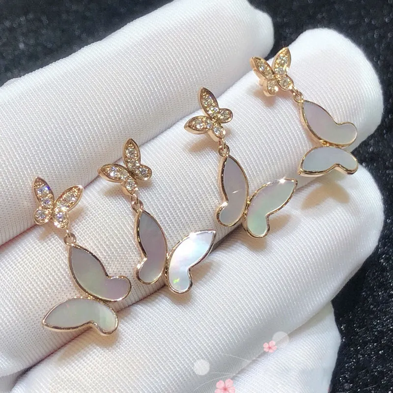 18K Gold Diamonds White Mother of Pearl Butterfly Earrings Exclusively Handcrafted 0.13 Carat Natural Diamond (H-F Color, VS1-VS2 Clarity)