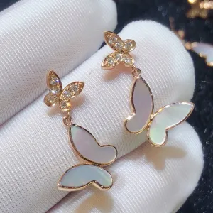 18K Gold Diamonds White Mother of Pearl Butterfly Earrings Exclusively Handcrafted 0.13 Carat Natural Diamond (H-F Color, VS1-VS2 Clarity)