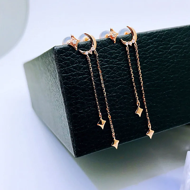 18K Gold Irregular Moon & Star Drop Earrings Exclusively Handcrafted 0.018 Carat Natural Diamond (H-F Color, VS1-VS2 Clarity)