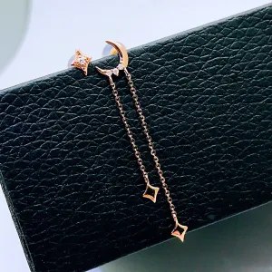 18K Gold Irregular Moon & Star Drop Earrings Exclusively Handcrafted 0.018 Carat Natural Diamond (H-F Color, VS1-VS2 Clarity)