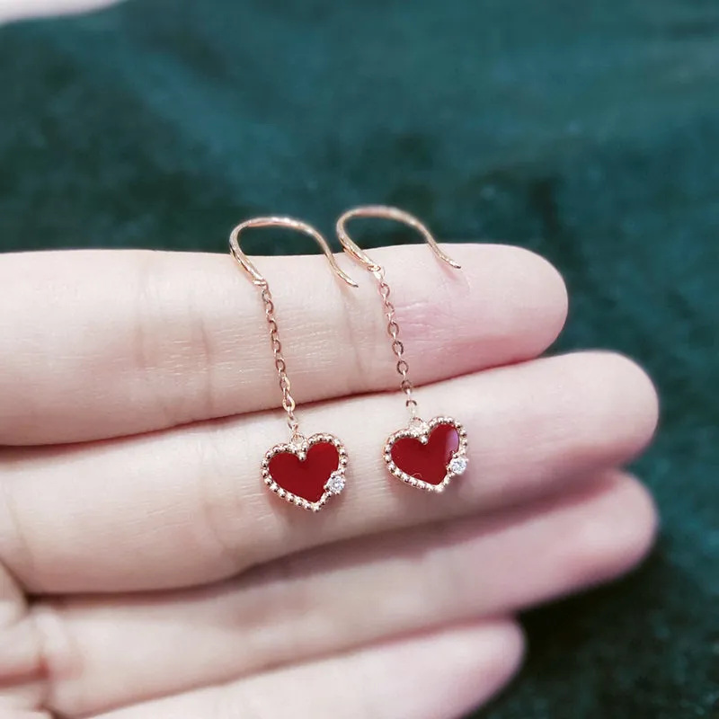18K Gold Red Agate Exquisite Heart-shaped Hook Earrings Exclusively Handcrafted 0.03 Carat Natural Diamond (H-F Color, VS1-VS2 Clarity)
