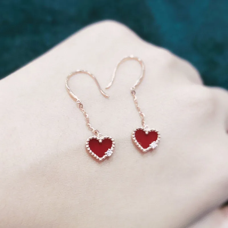 18K Gold Red Agate Exquisite Heart-shaped Hook Earrings Exclusively Handcrafted 0.03 Carat Natural Diamond (H-F Color, VS1-VS2 Clarity)