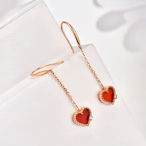 18K Gold Red Agate Exquisite Heart-shaped Hook Earrings Exclusively Handcrafted 0.03 Carat Natural Diamond (H-F Color, VS1-VS2 Clarity)