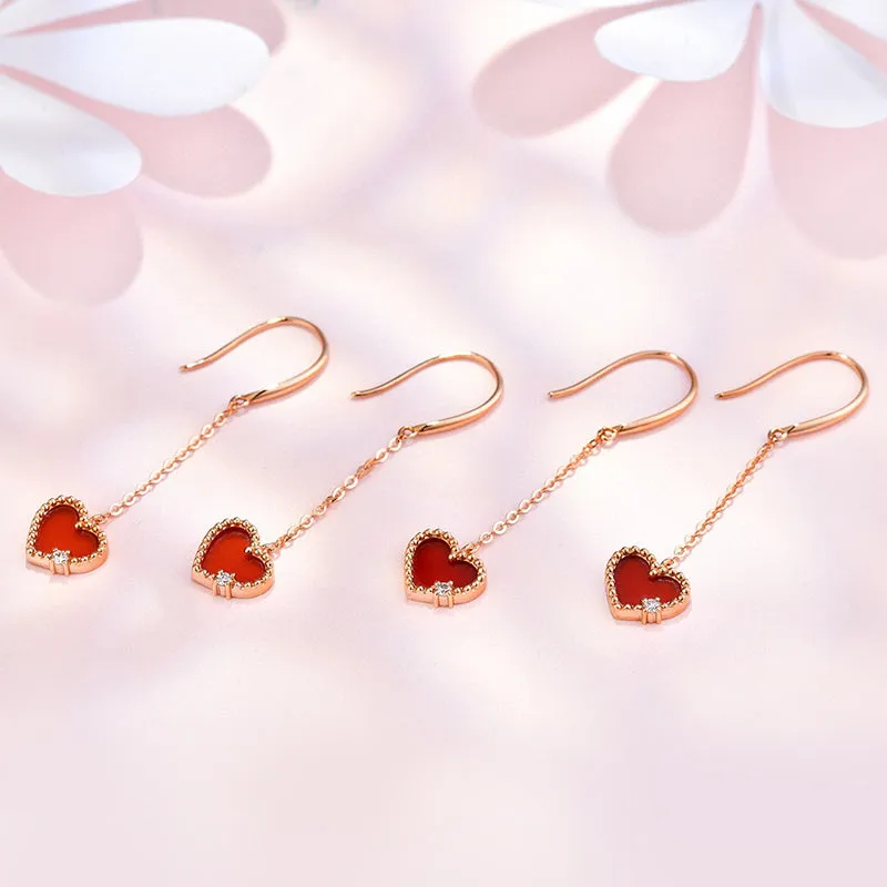 18K Gold Red Agate Exquisite Heart-shaped Hook Earrings Exclusively Handcrafted 0.03 Carat Natural Diamond (H-F Color, VS1-VS2 Clarity)