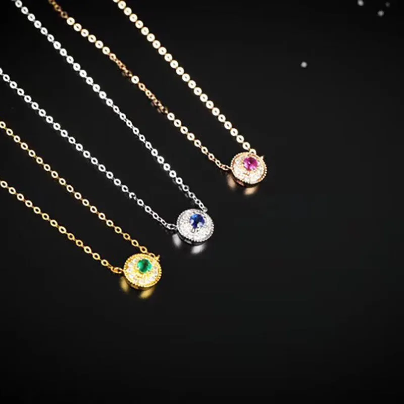 18K Gold Vintage Natural Ruby Sapphire Emerald Halo Pendant Necklace