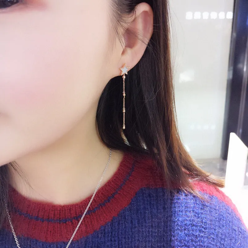 18K Rose Gold 0.08ct Real Diamond Star & Moon Irregular Tassel Drop Earrings