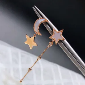 18K Rose Gold 0.08ct Real Diamond Star & Moon Irregular Tassel Drop Earrings