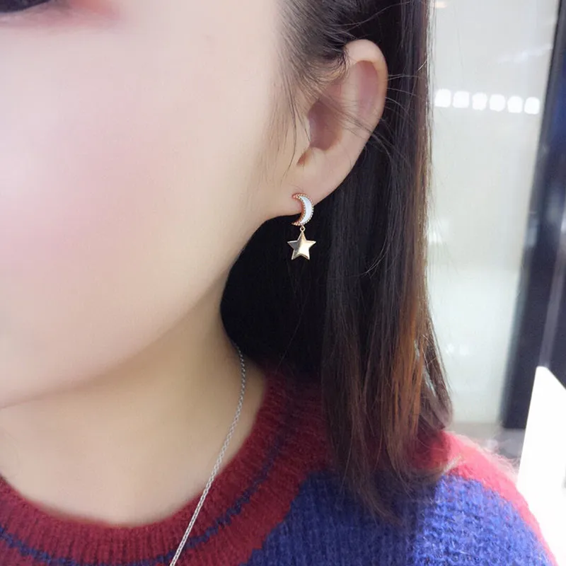 18K Rose Gold 0.08ct Real Diamond Star & Moon Irregular Tassel Drop Earrings