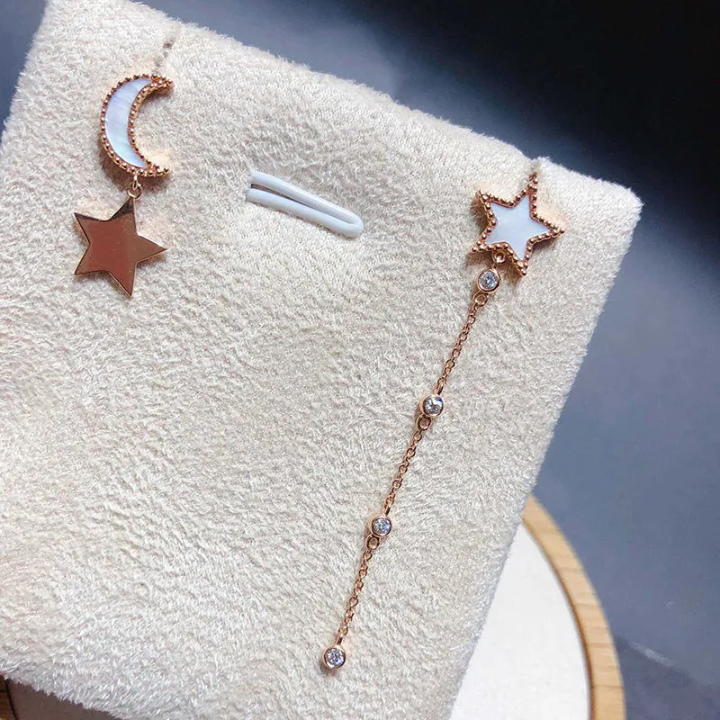 18K Rose Gold 0.08ct Real Diamond Star & Moon Irregular Tassel Drop Earrings