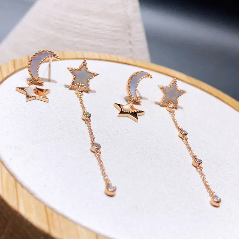 18K Rose Gold 0.08ct Real Diamond Star & Moon Irregular Tassel Drop Earrings