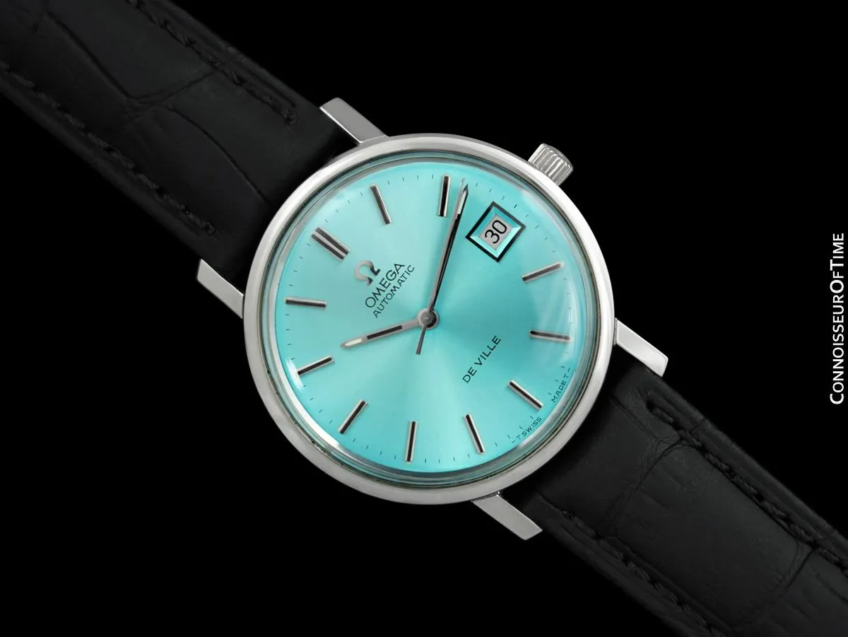1970's Omega De Ville Vintage Mens Full Size Automatic Watch with Date and Tiffany Blue Dial - Stainless Steel