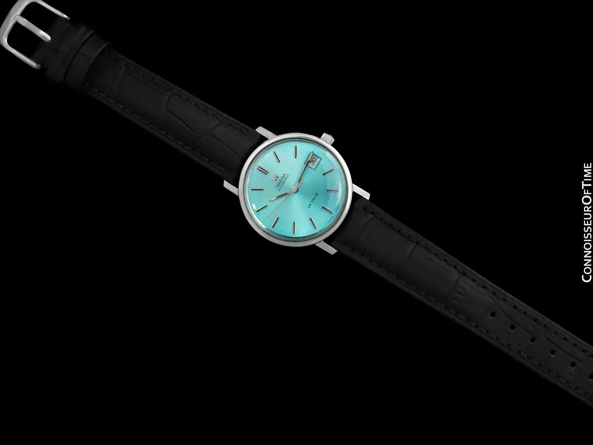 1970's Omega De Ville Vintage Mens Full Size Automatic Watch with Date and Tiffany Blue Dial - Stainless Steel
