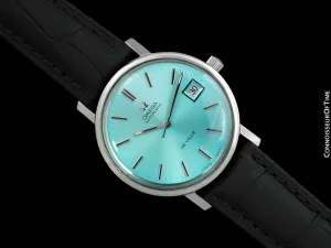 1970's Omega De Ville Vintage Mens Full Size Automatic Watch with Date and Tiffany Blue Dial - Stainless Steel