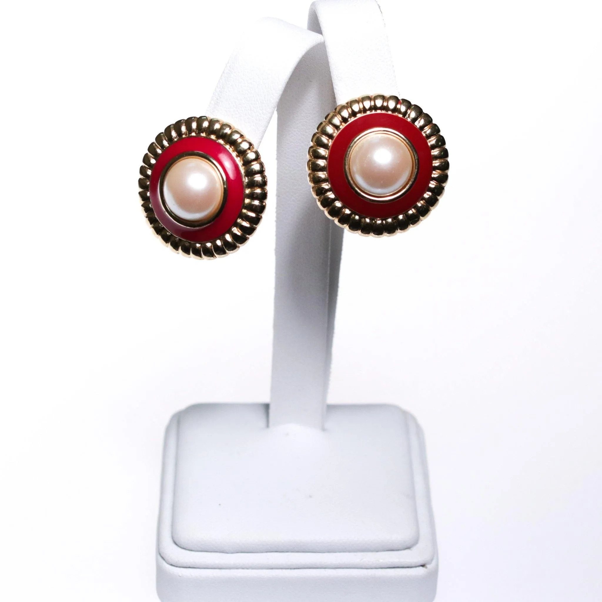 1980s Monet  Red Enamel and Faux Pearl with Gold Earrings