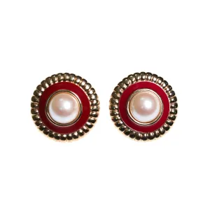 1980s Monet  Red Enamel and Faux Pearl with Gold Earrings