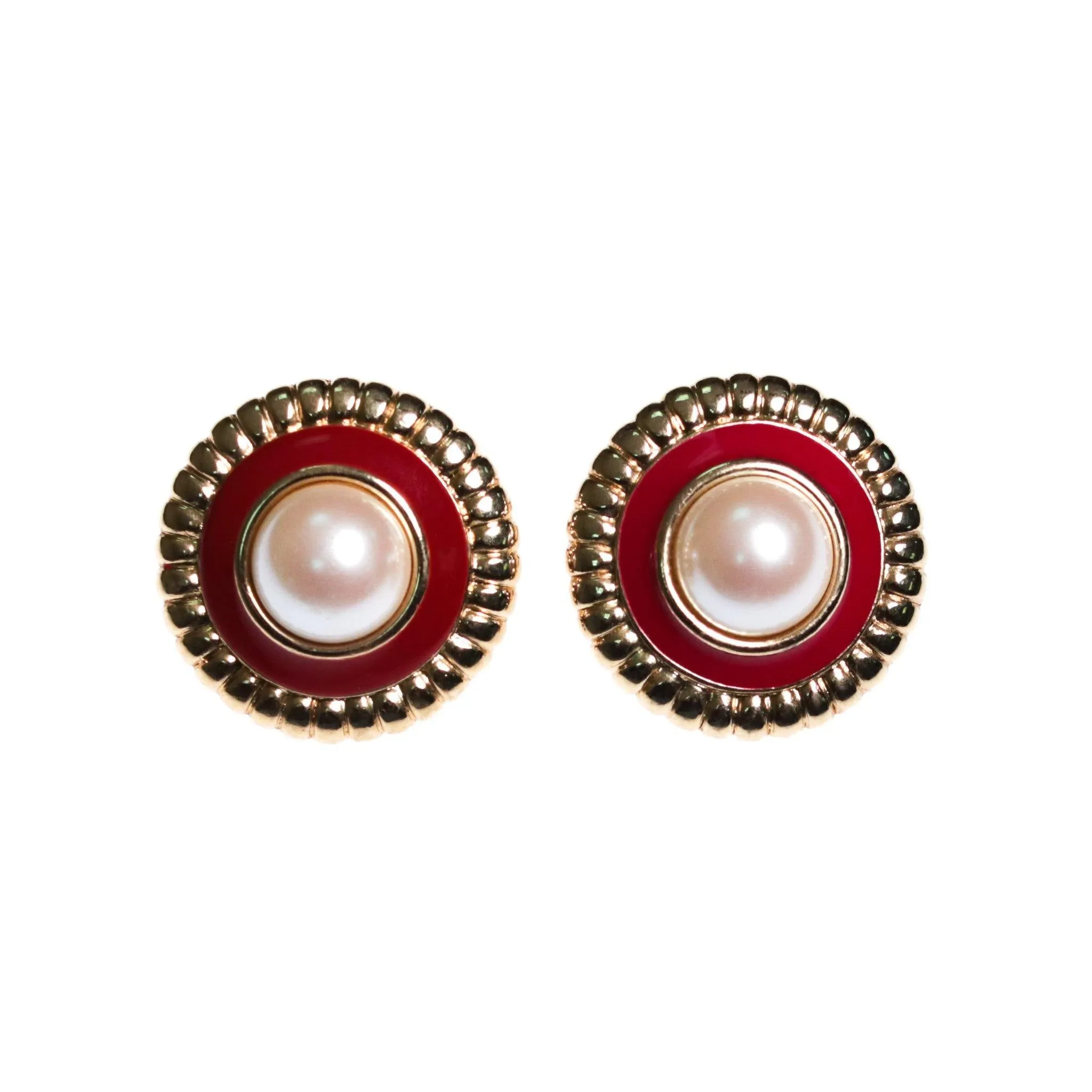 1980s Monet  Red Enamel and Faux Pearl with Gold Earrings