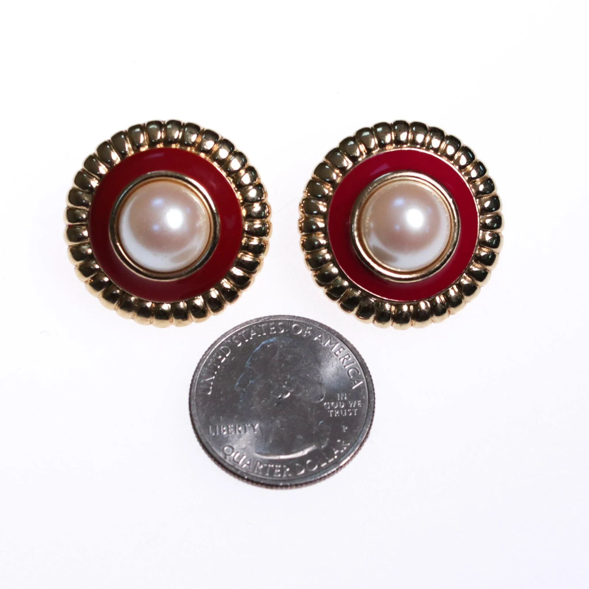 1980s Monet  Red Enamel and Faux Pearl with Gold Earrings