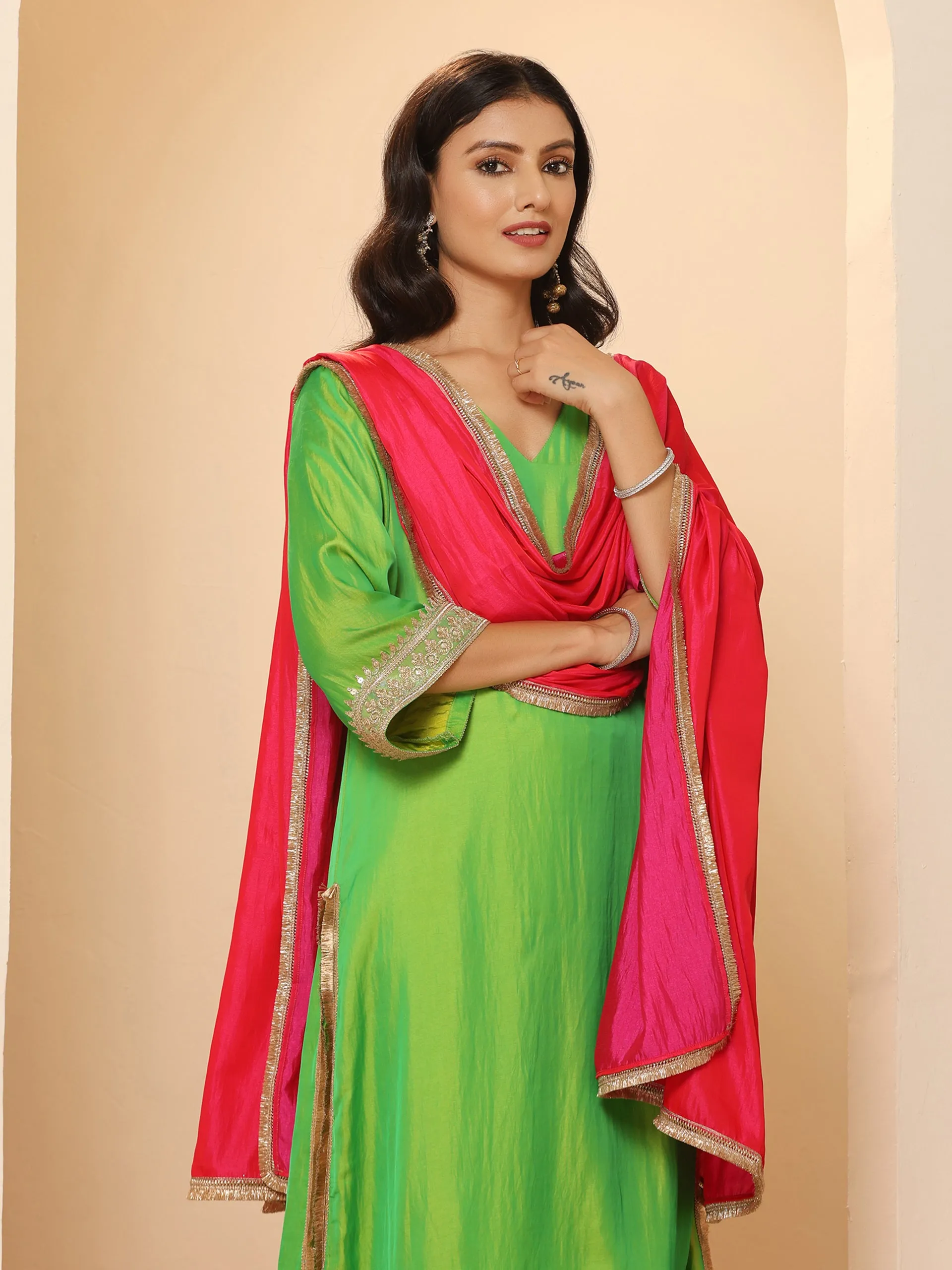2 pc SET - Chartreuse Lime and Green  Kurta and Pyjama with Laces