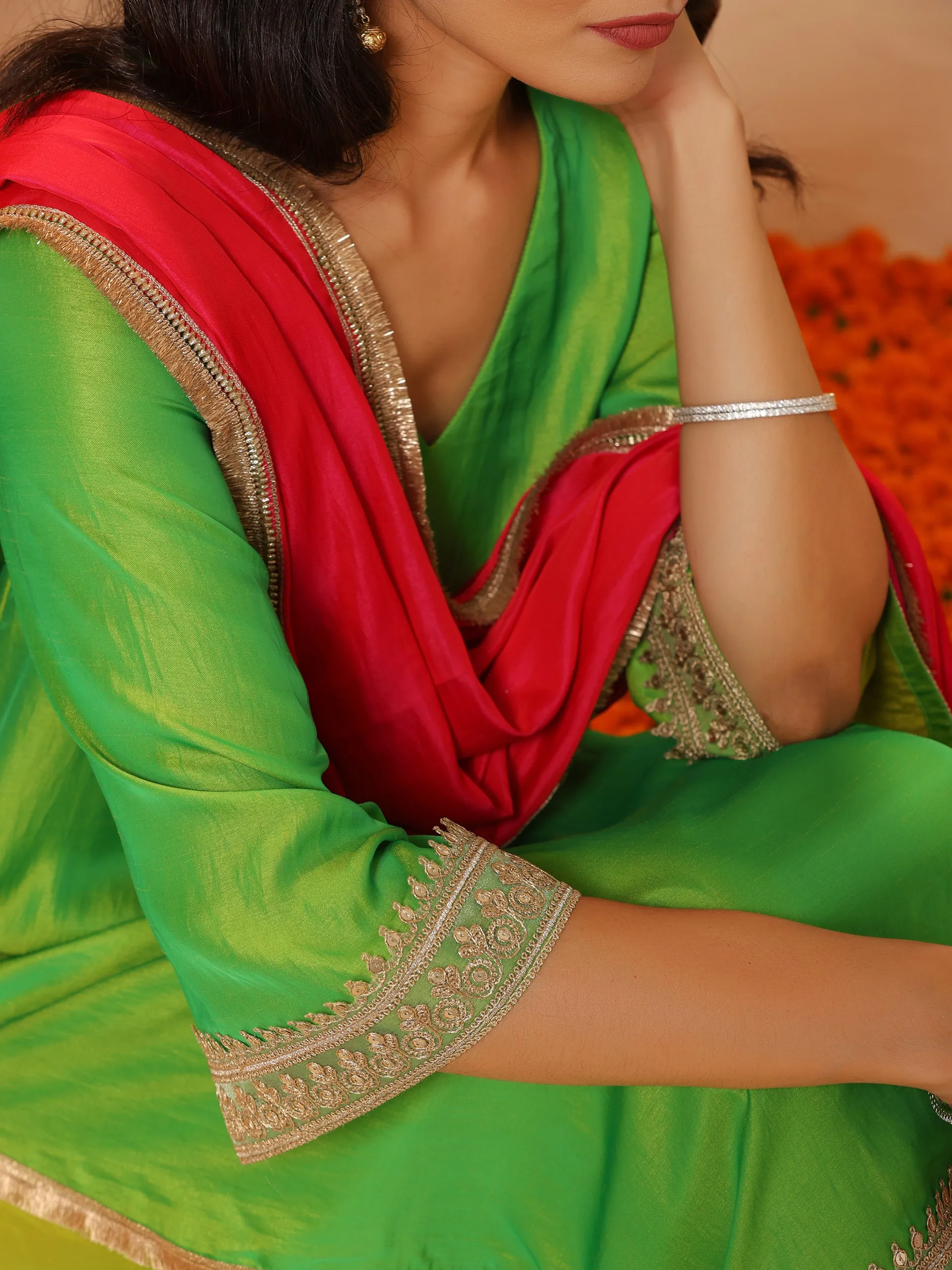 2 pc SET - Chartreuse Lime and Green  Kurta and Pyjama with Laces