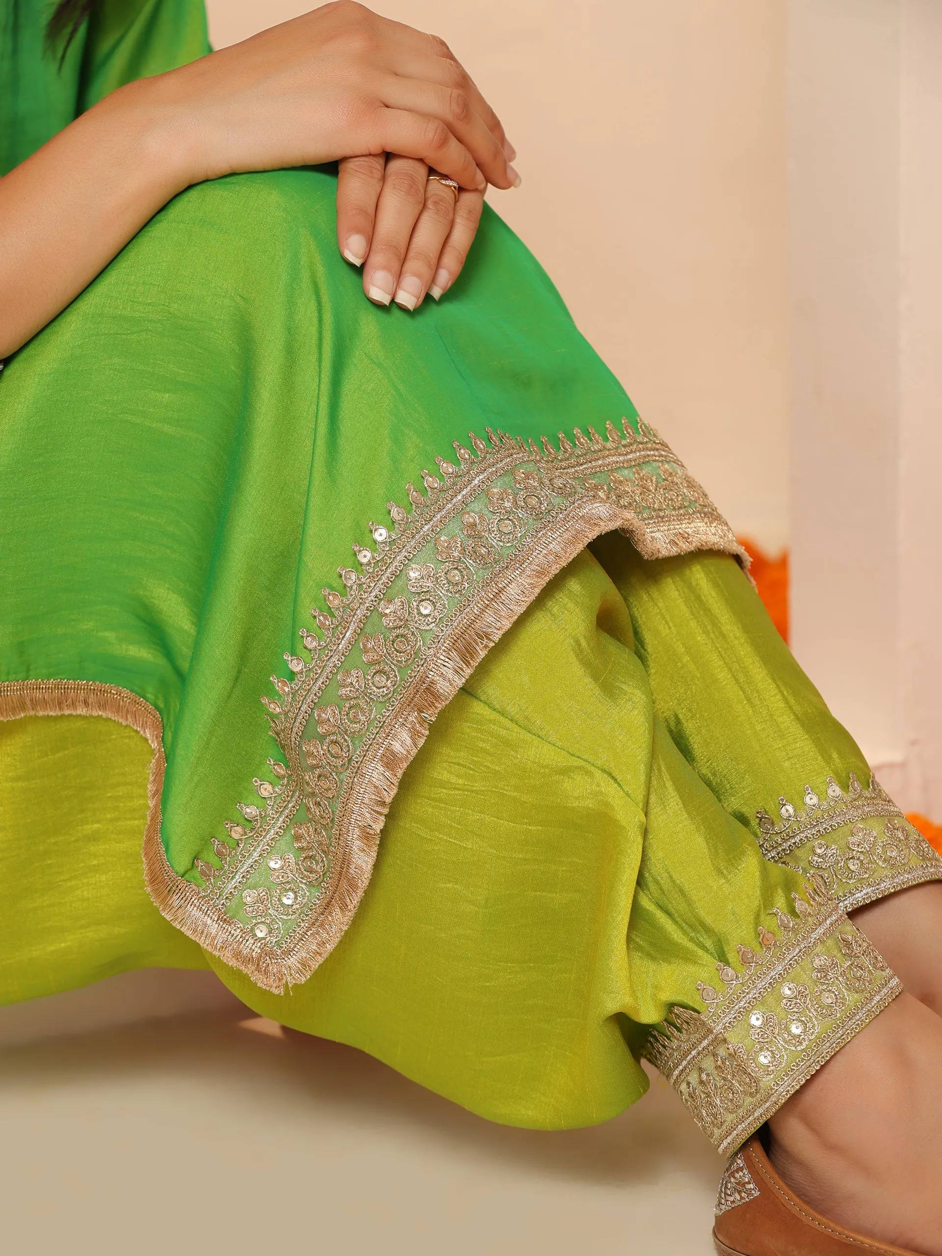 2 pc SET - Chartreuse Lime and Green  Kurta and Pyjama with Laces
