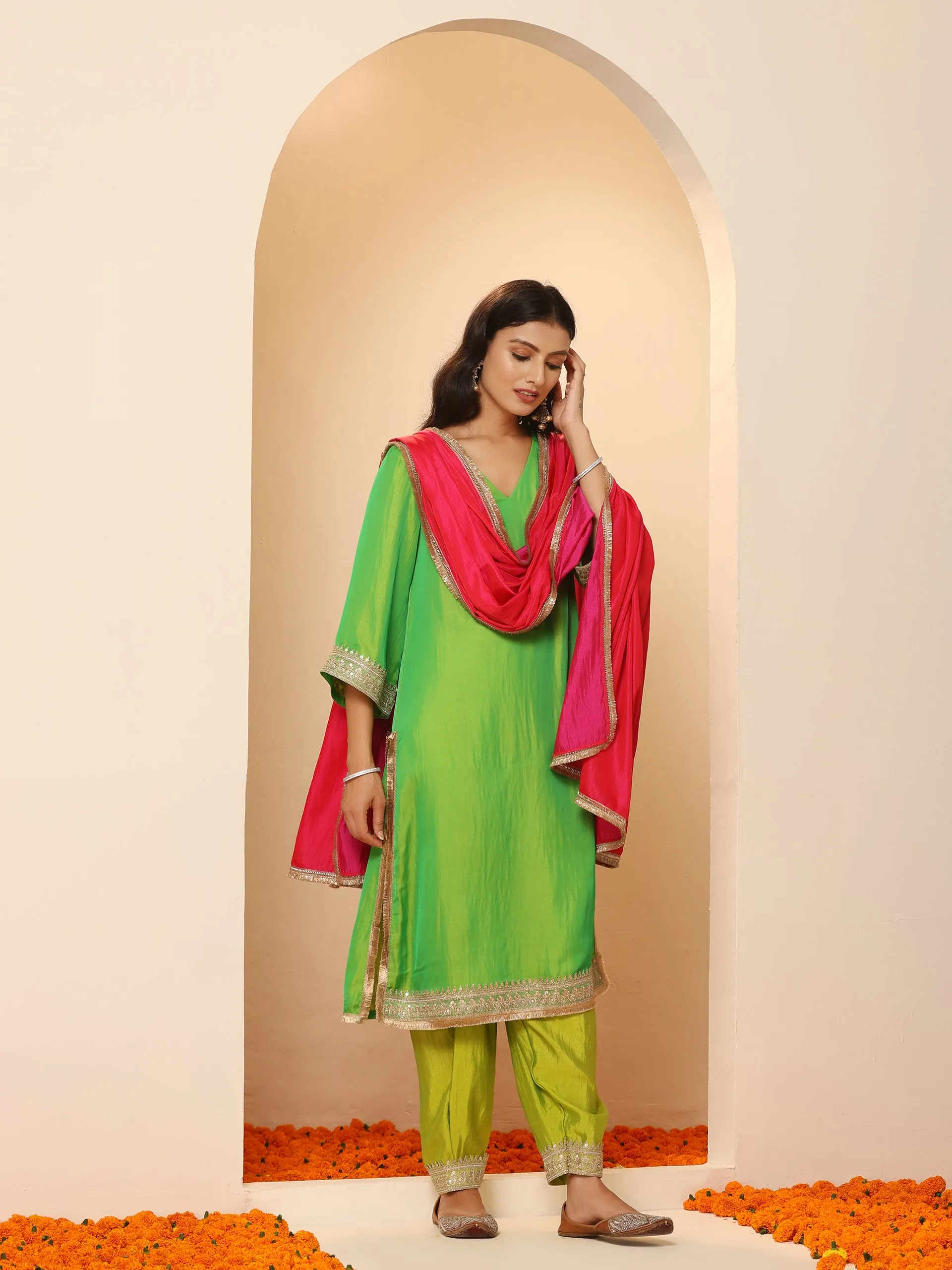 2 pc SET - Chartreuse Lime and Green  Kurta and Pyjama with Laces
