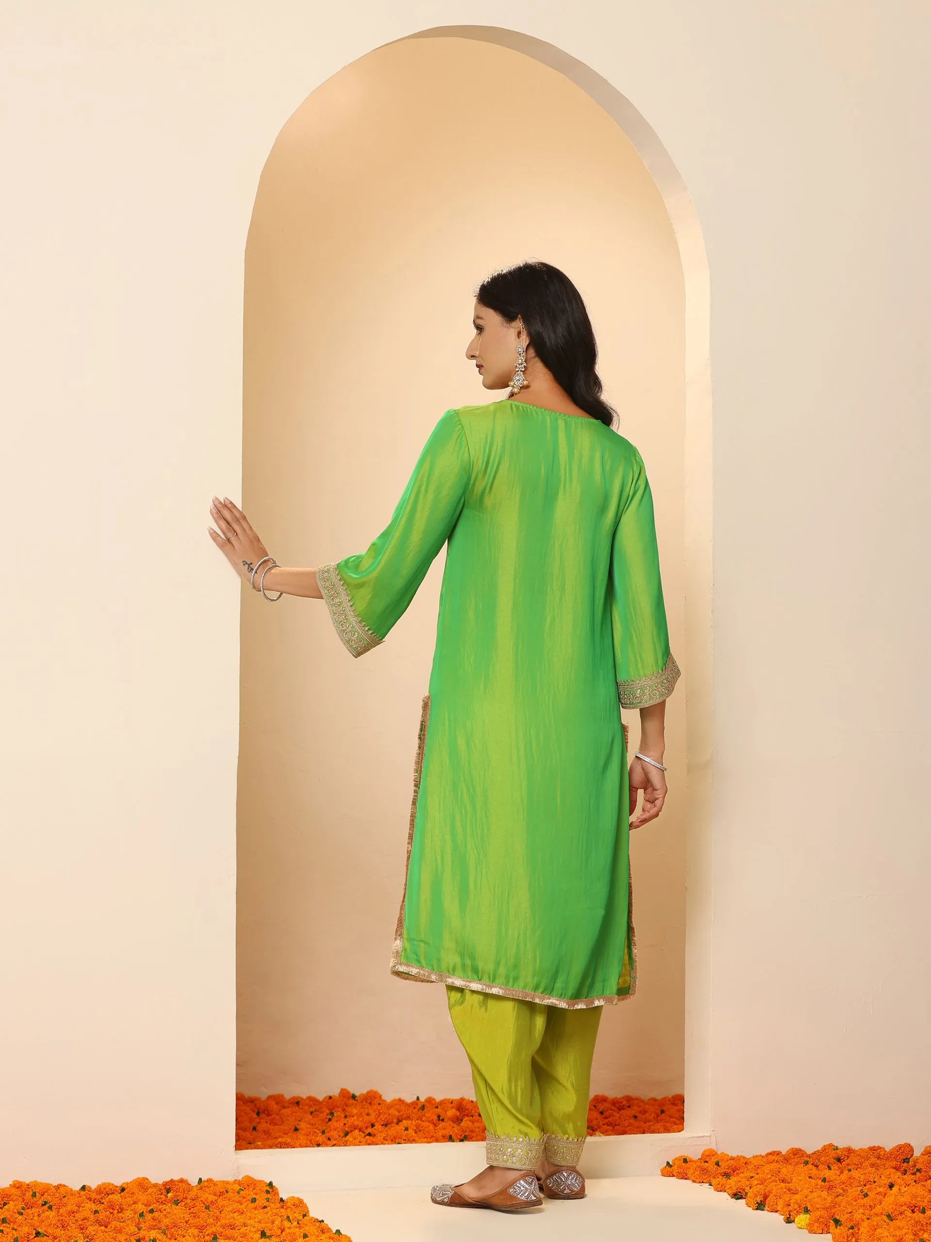 2 pc SET - Chartreuse Lime and Green  Kurta and Pyjama with Laces
