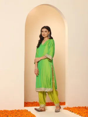 2 pc SET - Chartreuse Lime and Green  Kurta and Pyjama with Laces