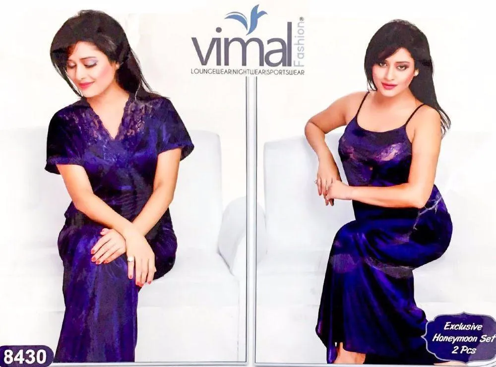2 Pcs Honeymoon Nighty Set - V8430 - Satin Silk Nighty by Vimal Fashion