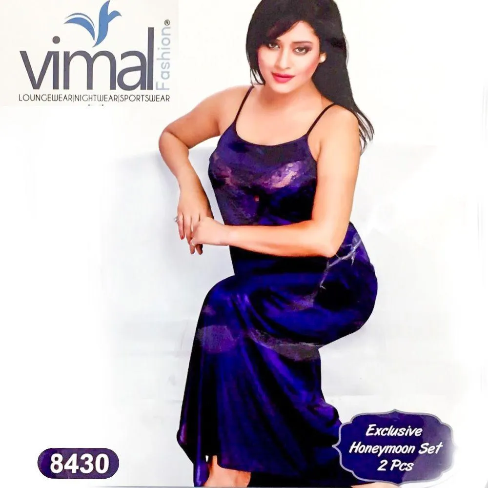 2 Pcs Honeymoon Nighty Set - V8430 - Satin Silk Nighty by Vimal Fashion