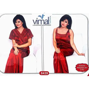 2 Pcs Maroon Nighty Set with Gown - V8439 - Satin Silk Nighty By Vimal Fashion