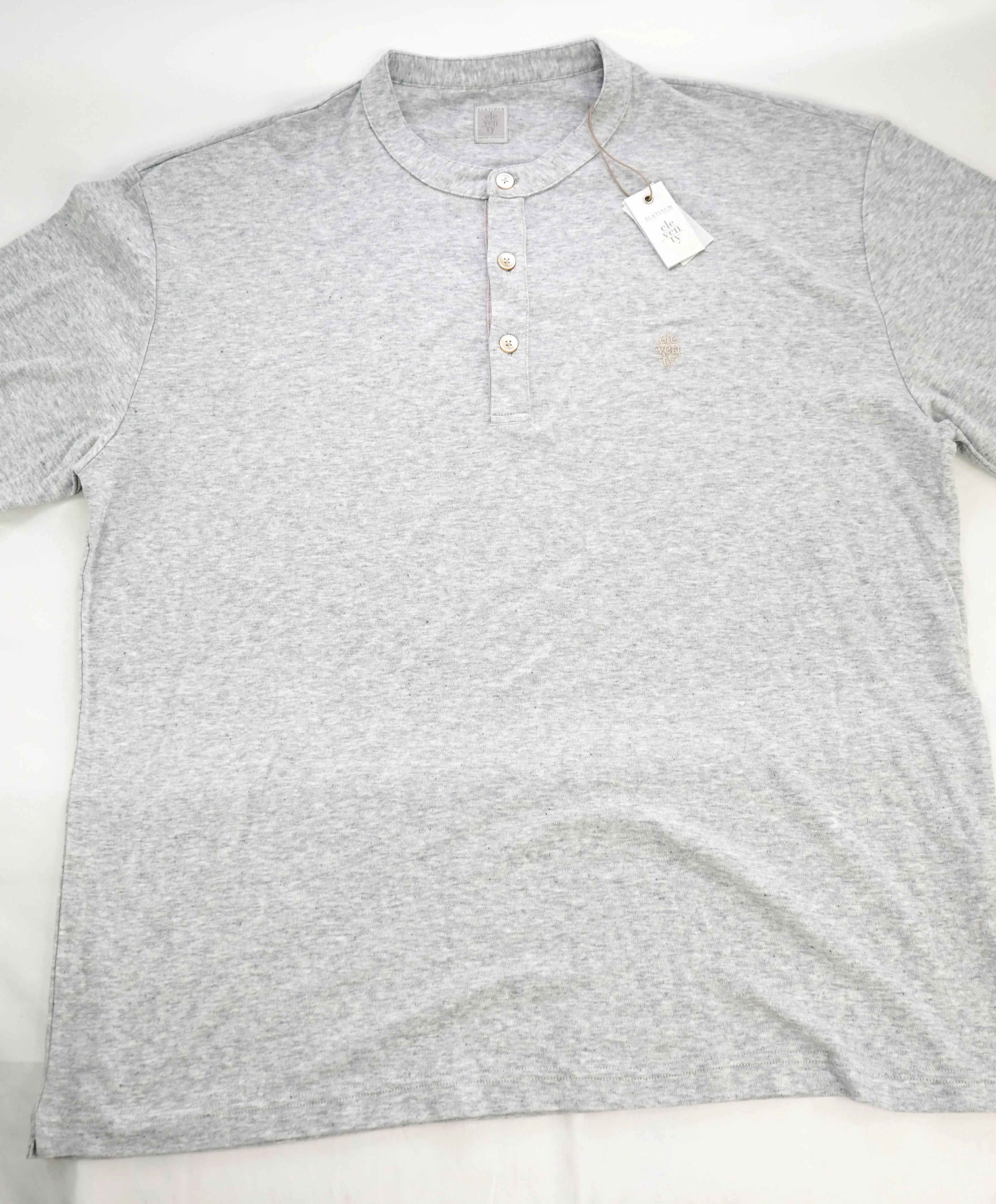 $395 ELEVENTY - Logo COTTON/LINEN Henley T-Shirt Gray - L