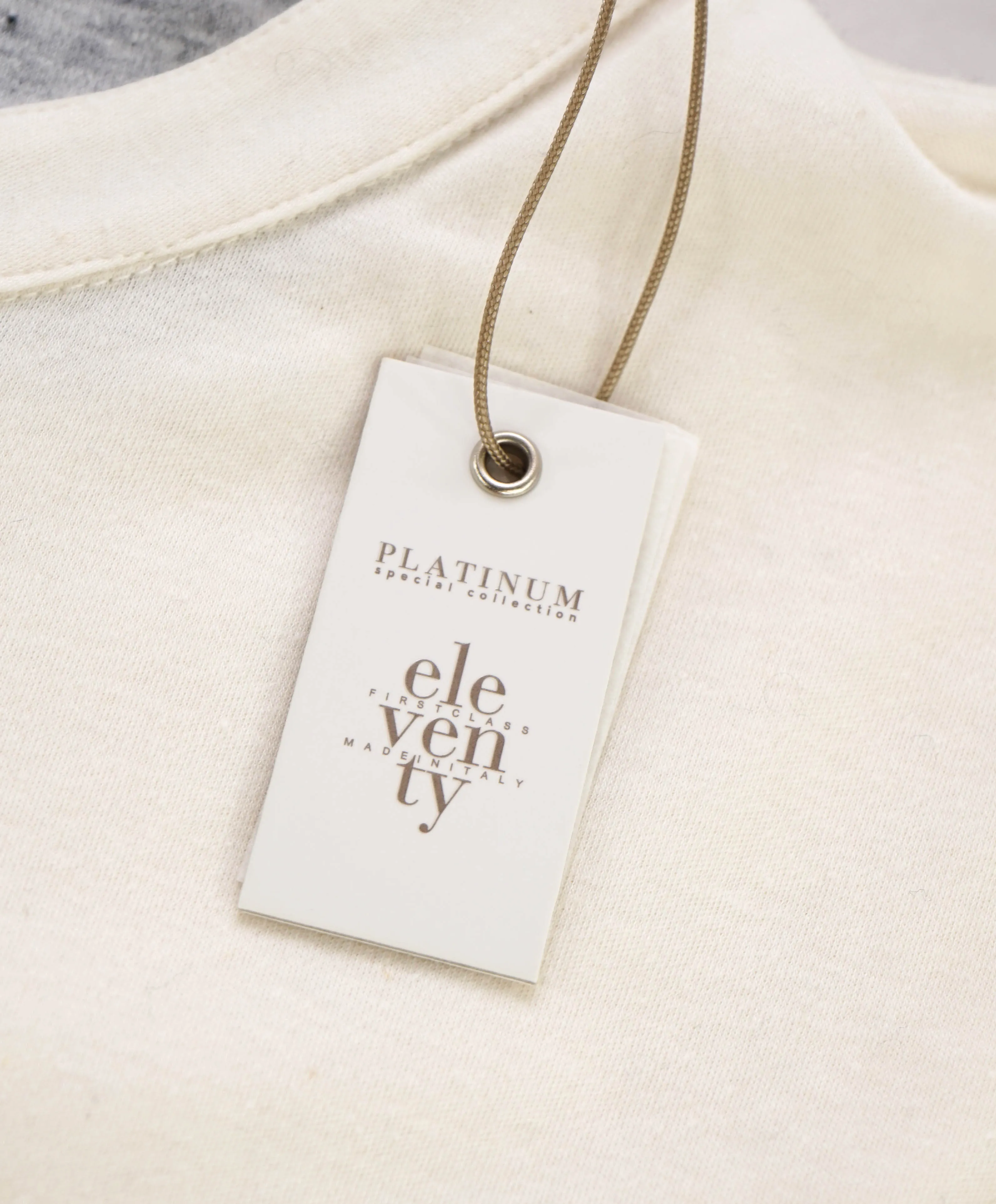 $395 ELEVENTY - Logo COTTON/LINEN Henley T-Shirt Ivory - L