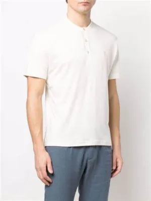 $395 ELEVENTY - Logo COTTON/LINEN Henley T-Shirt Ivory - L