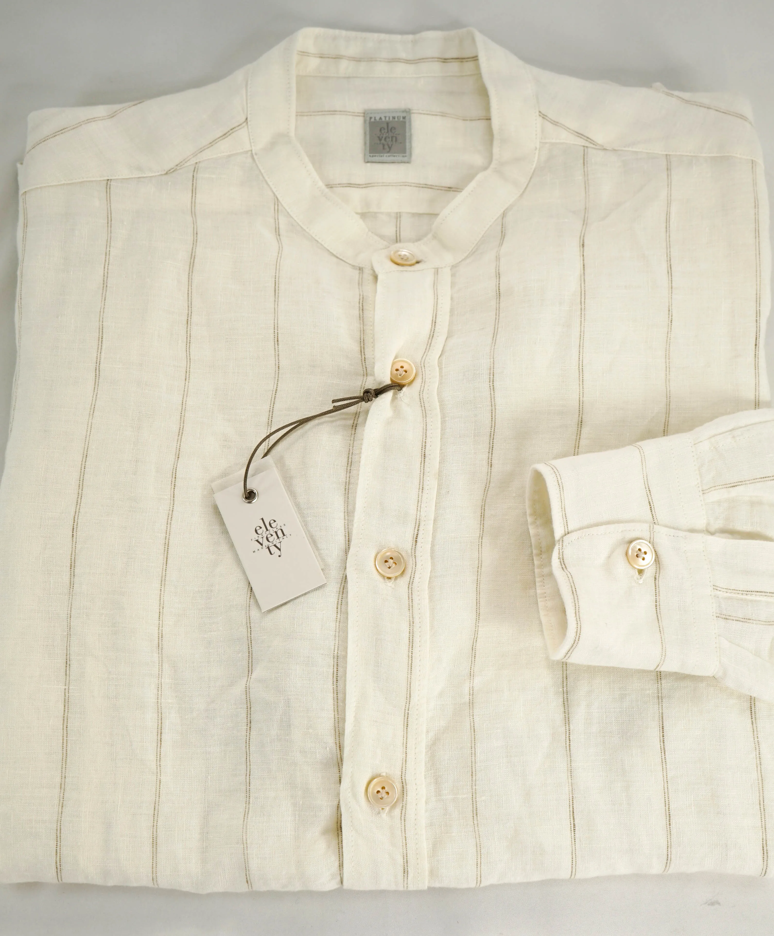 $445 ELEVENTY - *LINEN* Ivory MOP Button Down Band Collar Shirt - M