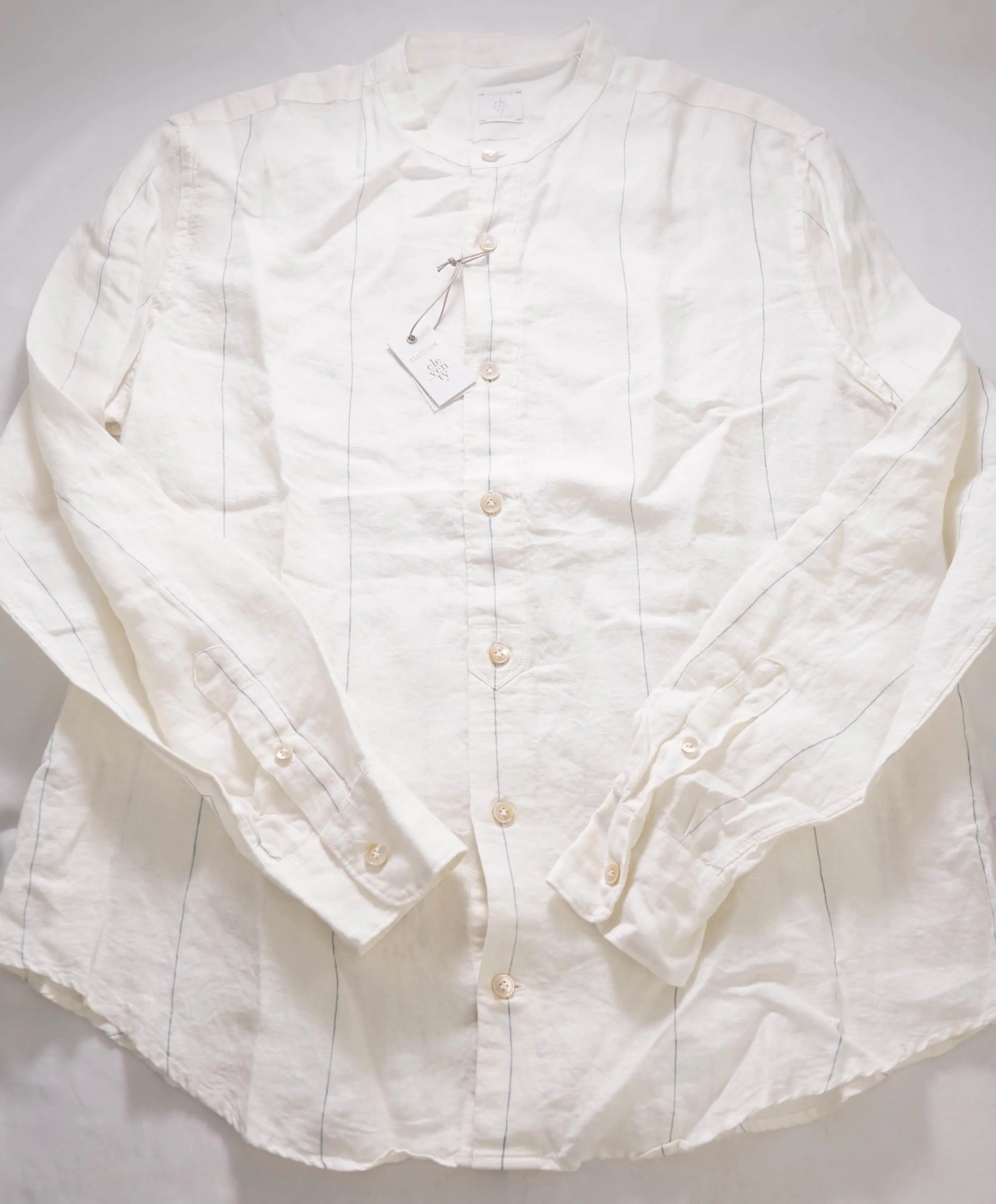 $495 ELEVENTY - *BAND COLLAR* Ivory & Blue Stripe Soft Dress Shirt - M