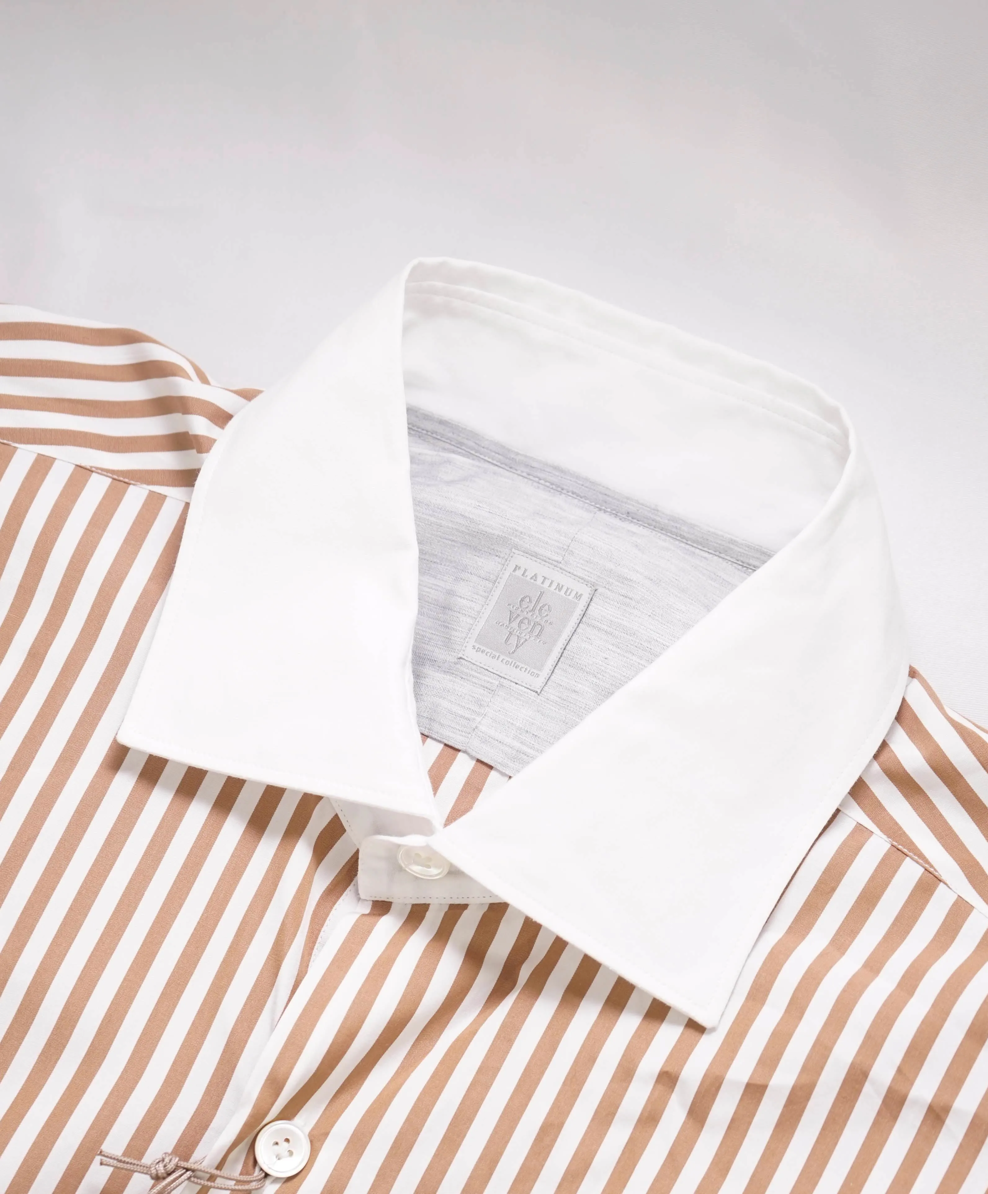$495 ELEVENTY - *CONTRAST COLLAR* Brown/White Stripe Dress Shirt - M