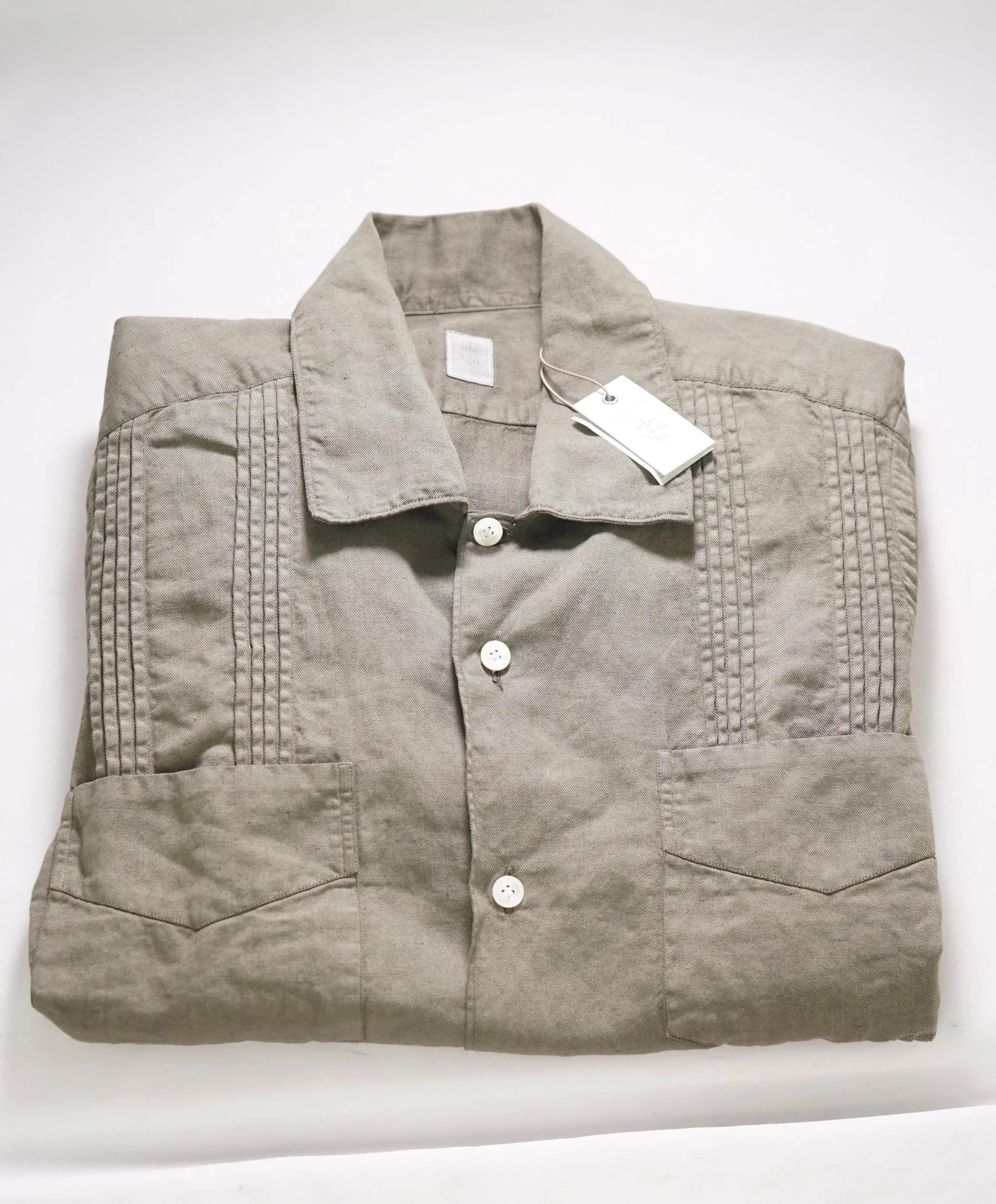 $495 ELEVENTY - *COTTON LINEN* Pleated Havana Camp Collar Resort Shirt - M