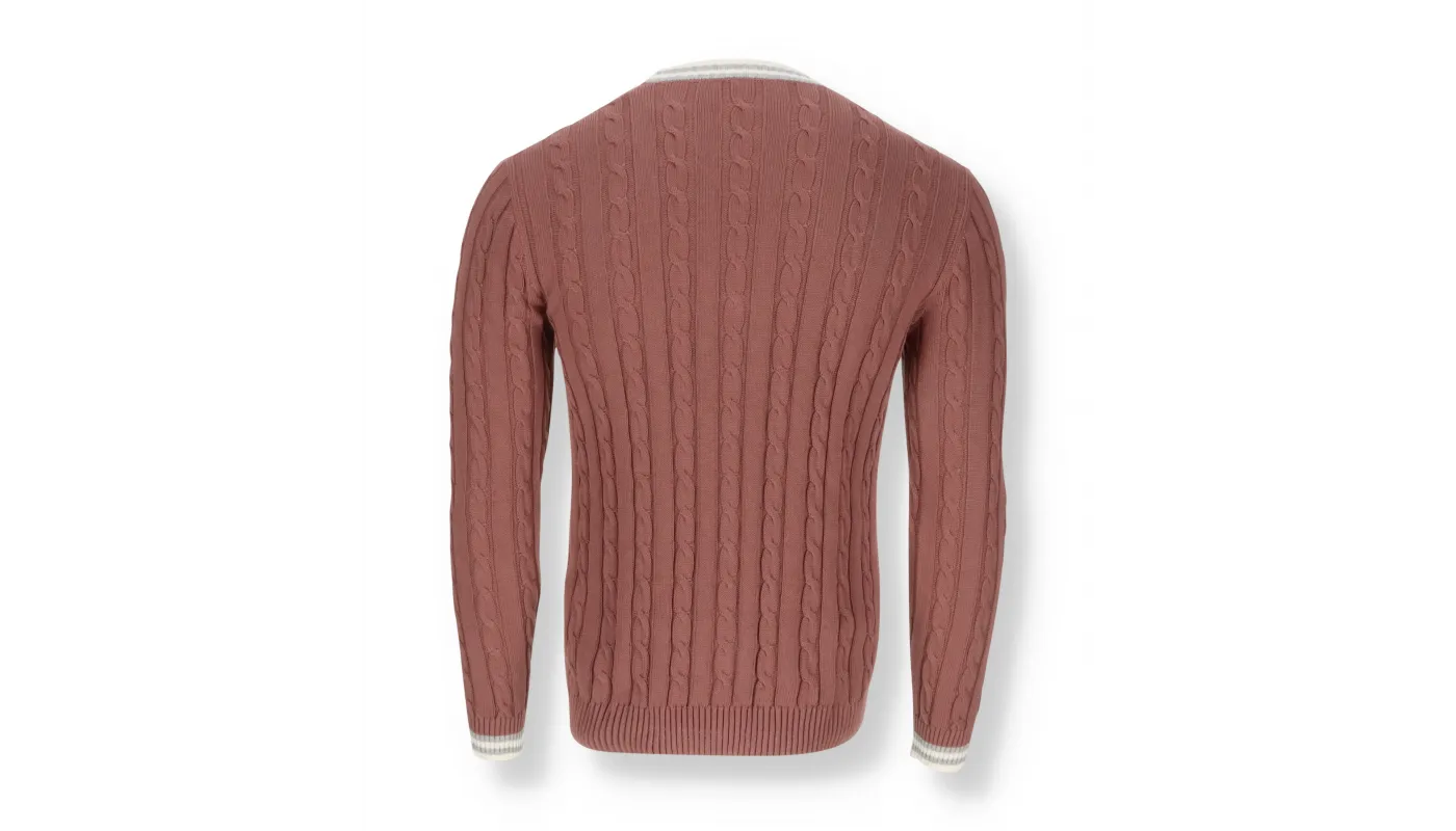 $795 ELEVENTY - Pastel Pink Cotton Cable Knit Tipped Cardigan Sweater- L