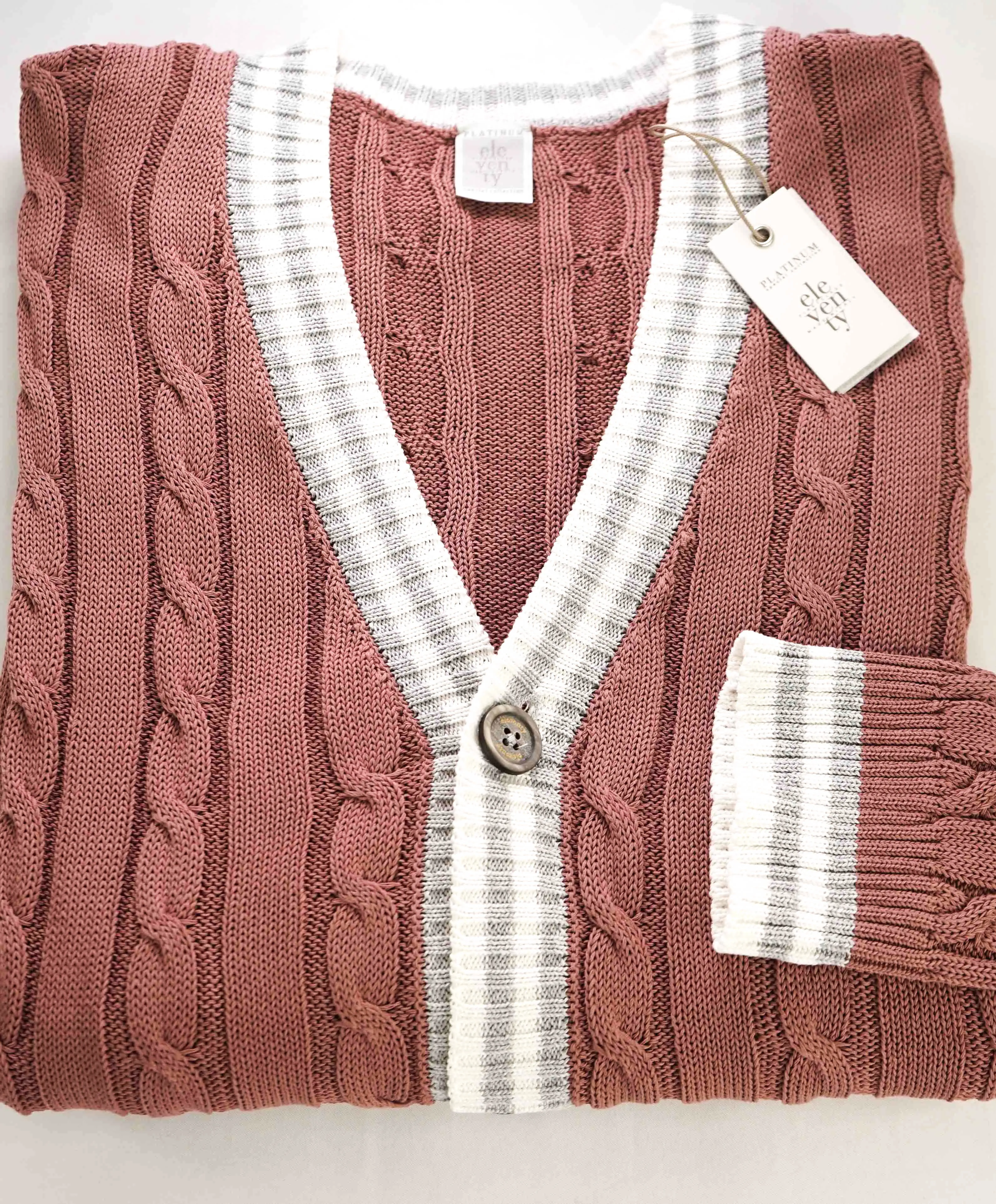 $795 ELEVENTY - Pastel Pink Cotton Cable Knit Tipped Cardigan Sweater- L