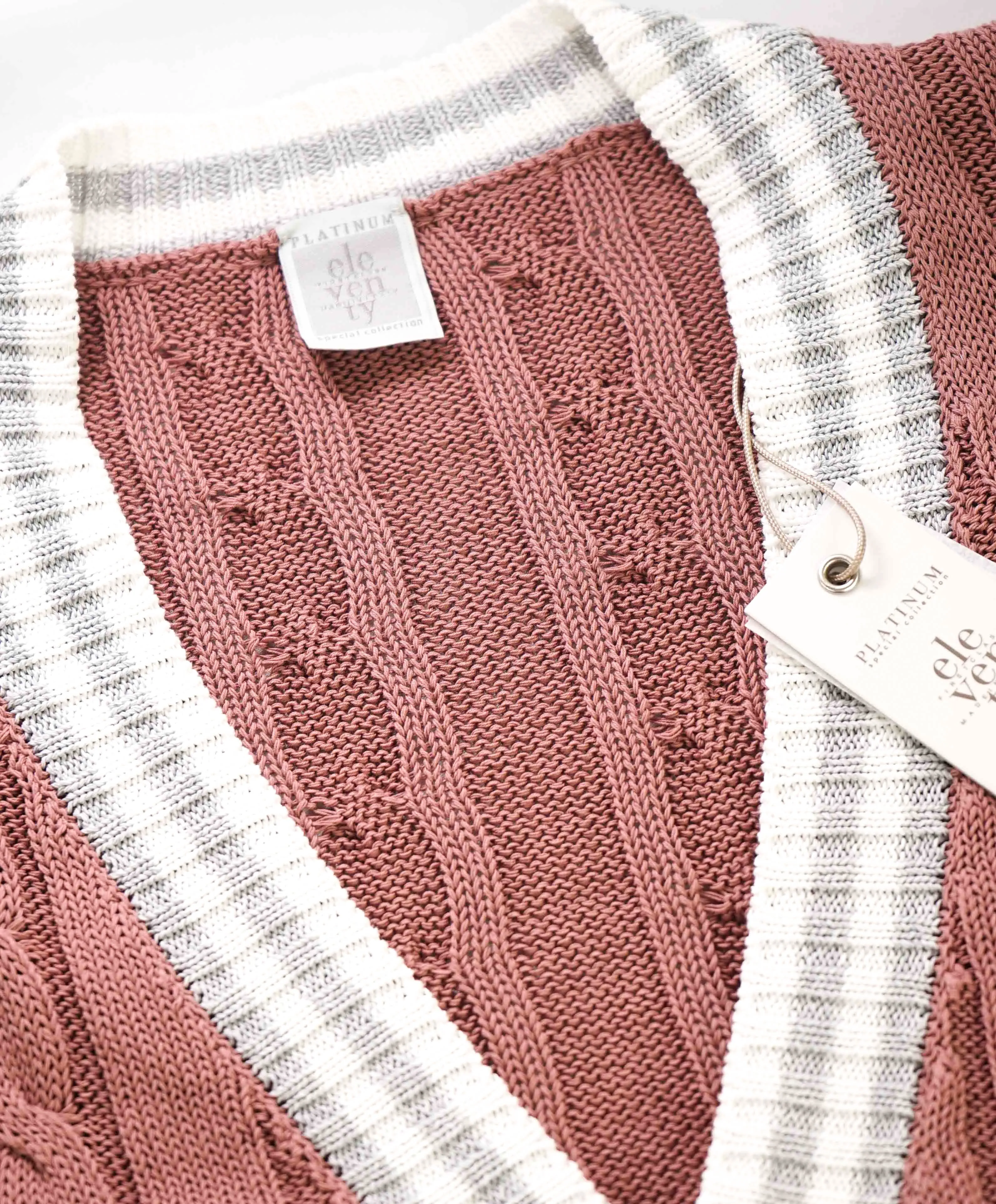 $795 ELEVENTY - Pastel Pink Cotton Cable Knit Tipped Cardigan Sweater- L