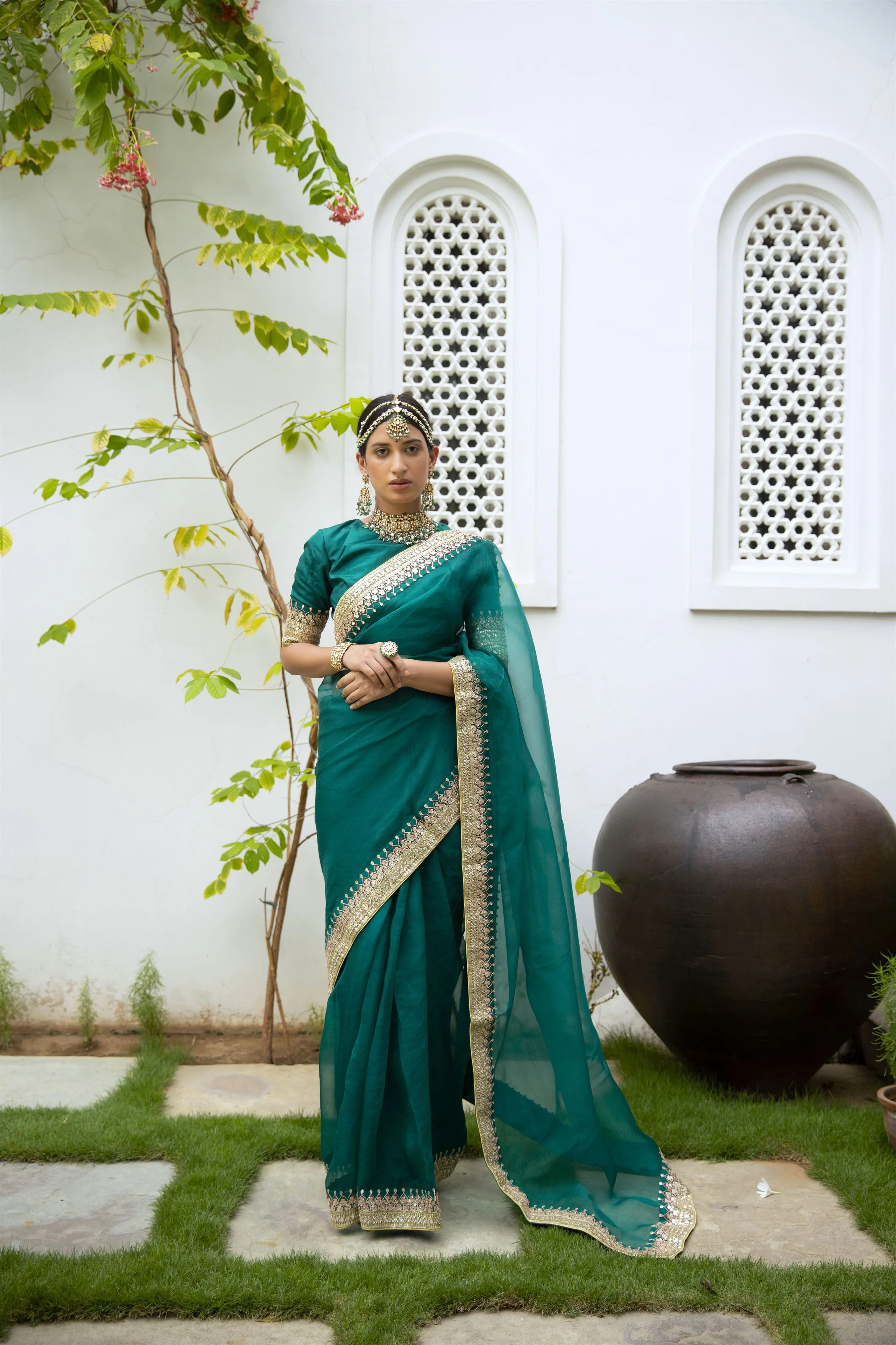 Aarti Sethia Studio    I   Emerald Green Hand Embroidered Gota Patti Bridal saree Set