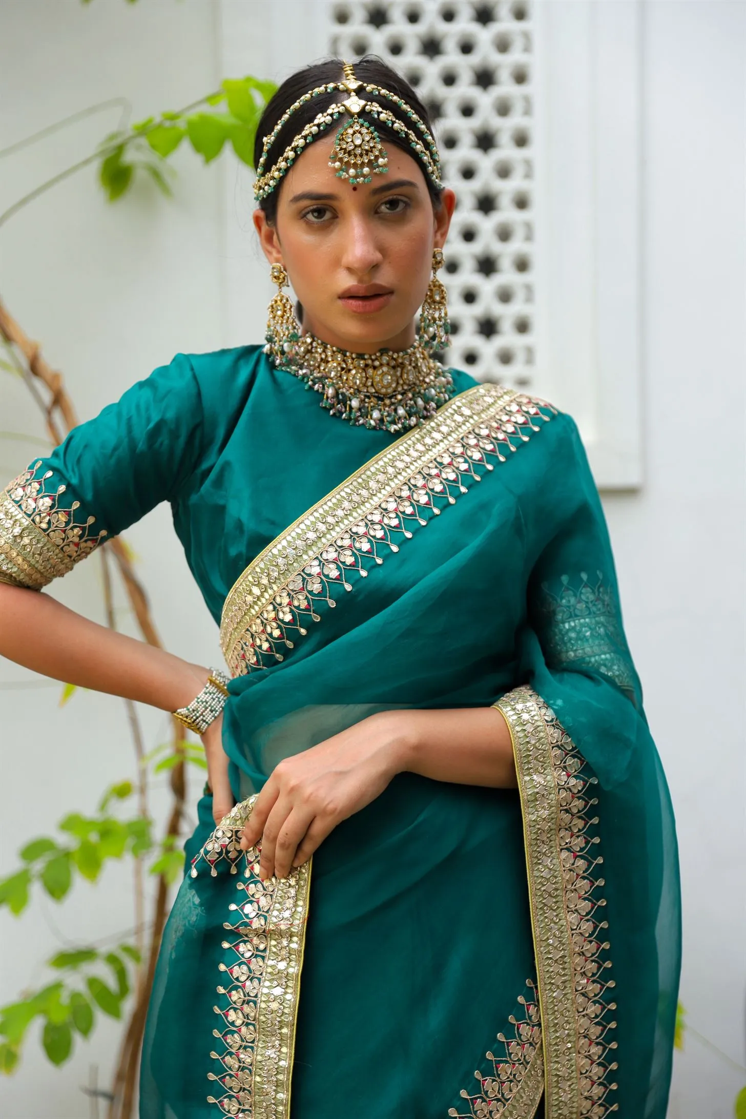 Aarti Sethia Studio    I   Emerald Green Hand Embroidered Gota Patti Bridal saree Set