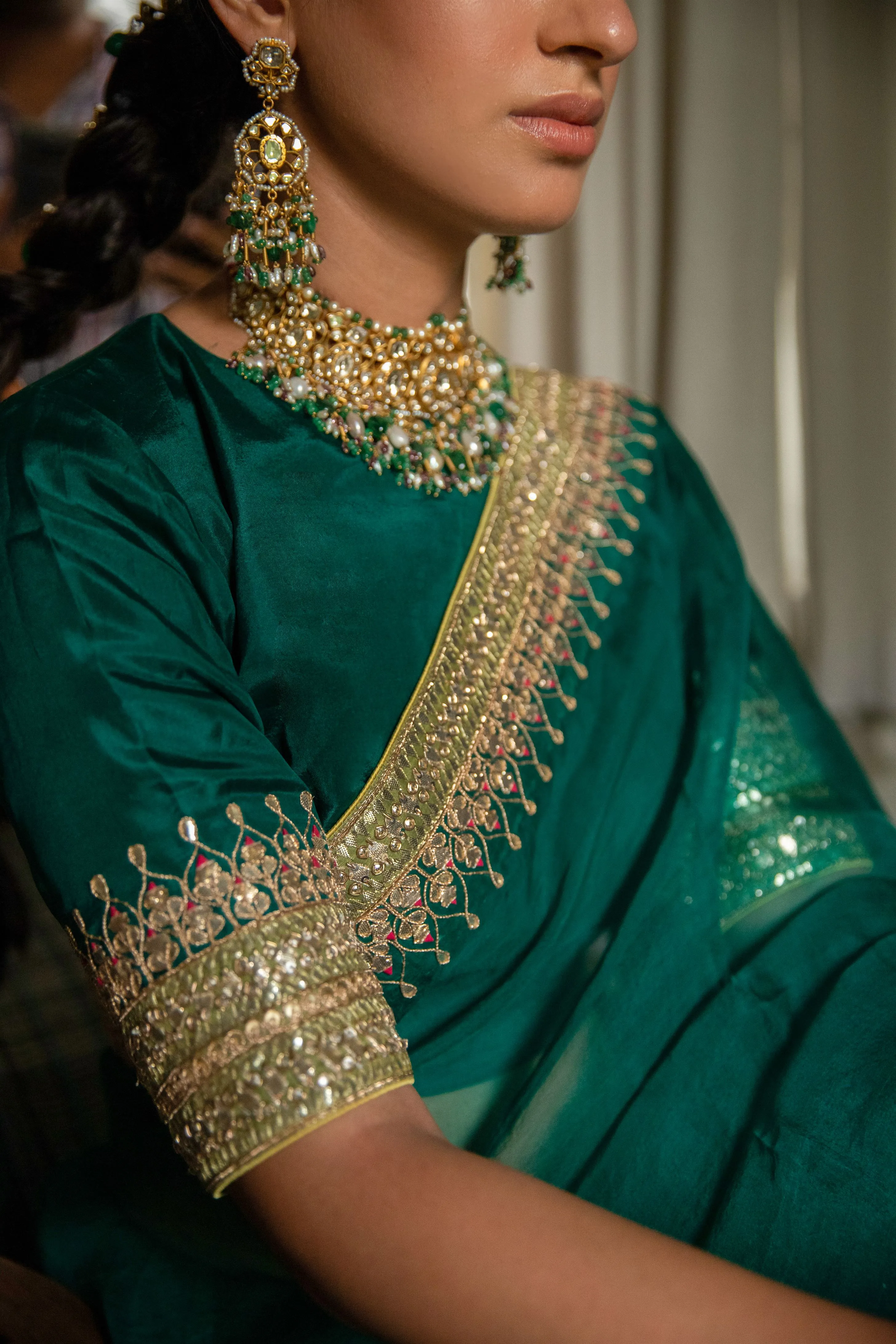 Aarti Sethia Studio    I   Emerald Green Hand Embroidered Gota Patti Bridal saree Set